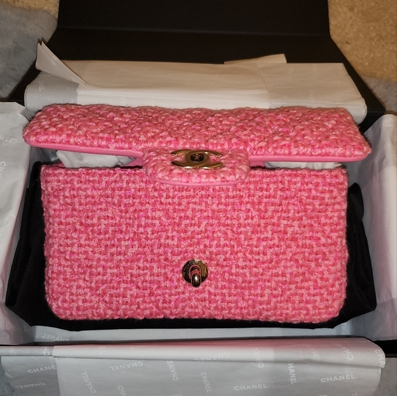 Chanel Classic Rectangular Mini Flap 22K Pink Tweed Light Gold tone Hardware - Picture 8 of 14